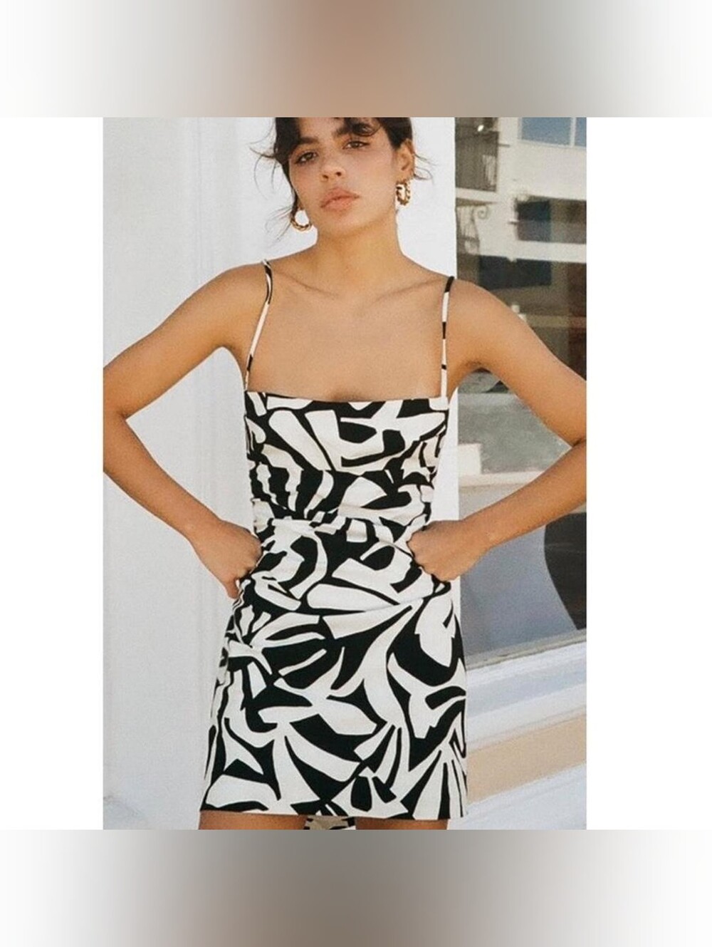Black & White Print Abstract Print Spaghetti Strap Mini Dress. Linen